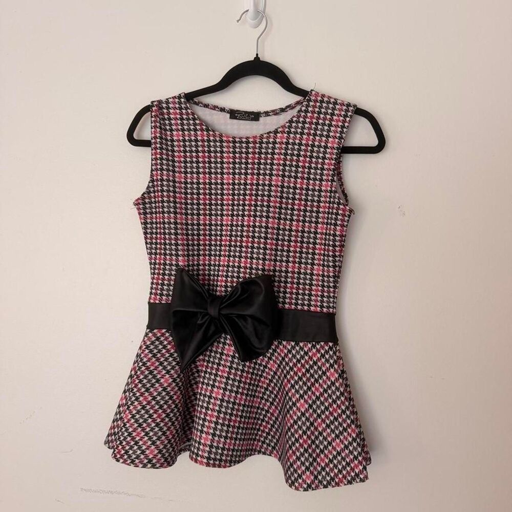 VINTAGE Y2K Buzy Collection pink black houndstooth bow peplum top, Size M 🎀